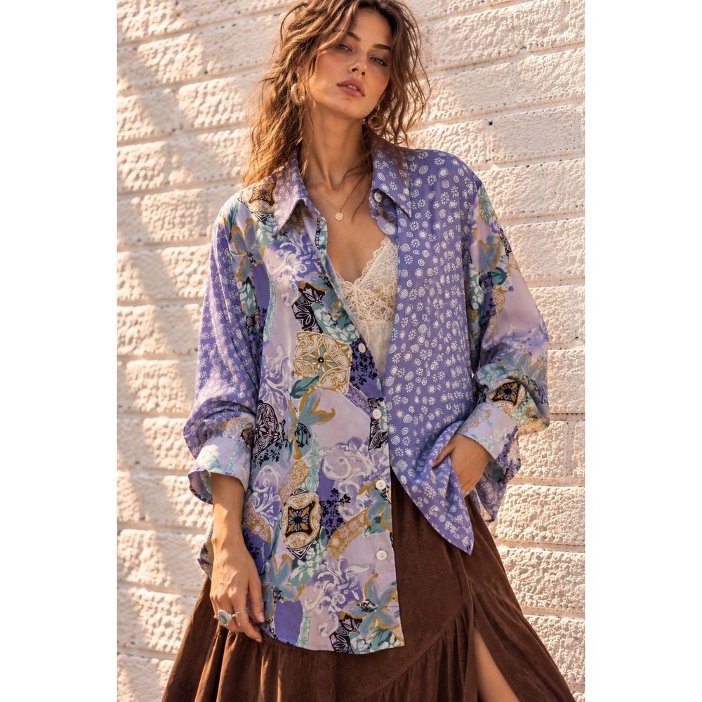 Vintage Koos of course! Purple Silk Floral Patchwork Button Down Blouse Boho 1X